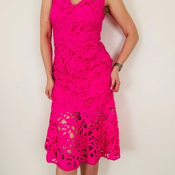 Alexia Admor Floral Lace V-neck Peplum Hem Eyelet Pink Midi Dress - Picture 5 of 14